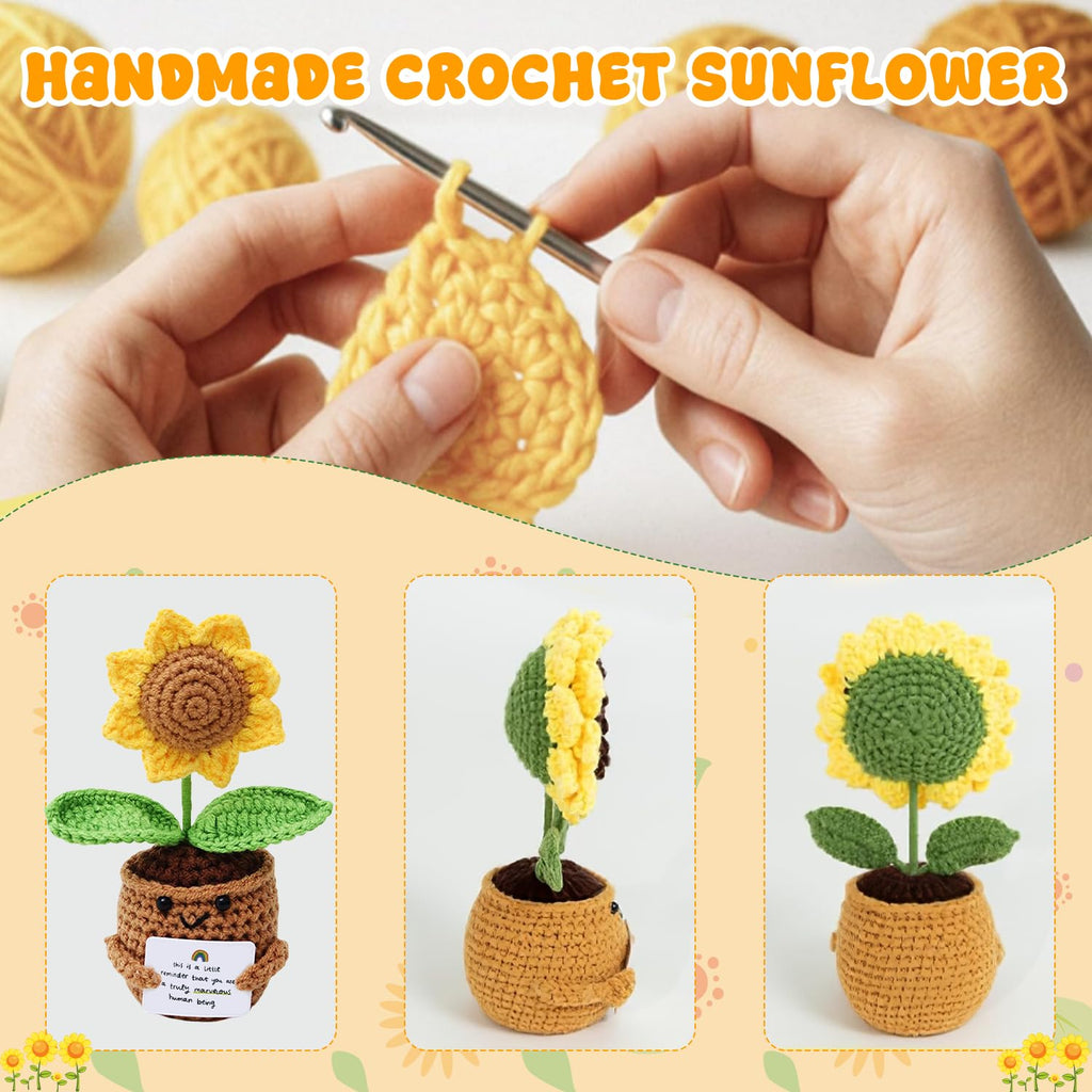 Positive Crochet Sunflower | Handmade Emotional Support Crochet Flower Pot | Crochet Gifts for Home, Office Desk & Car Dashboard Decor