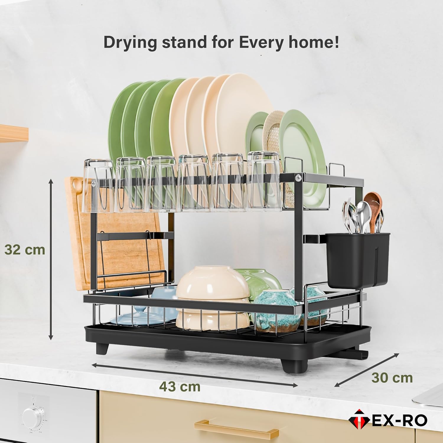 TEX-RO 2 Tier Dish Drying Rack for Kitchen with Drainer Tray | Utensils Drying Rack with Cutlery Holder | Glass Holder & Cutting Board Holder | Anti-Rust Steel Dish Rack Kitchen Organizer