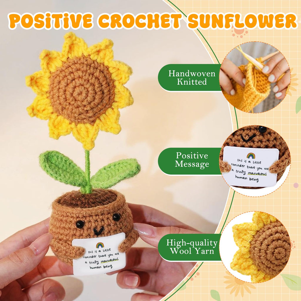 Positive Crochet Sunflower | Handmade Emotional Support Crochet Flower Pot | Crochet Gifts for Home, Office Desk & Car Dashboard Decor