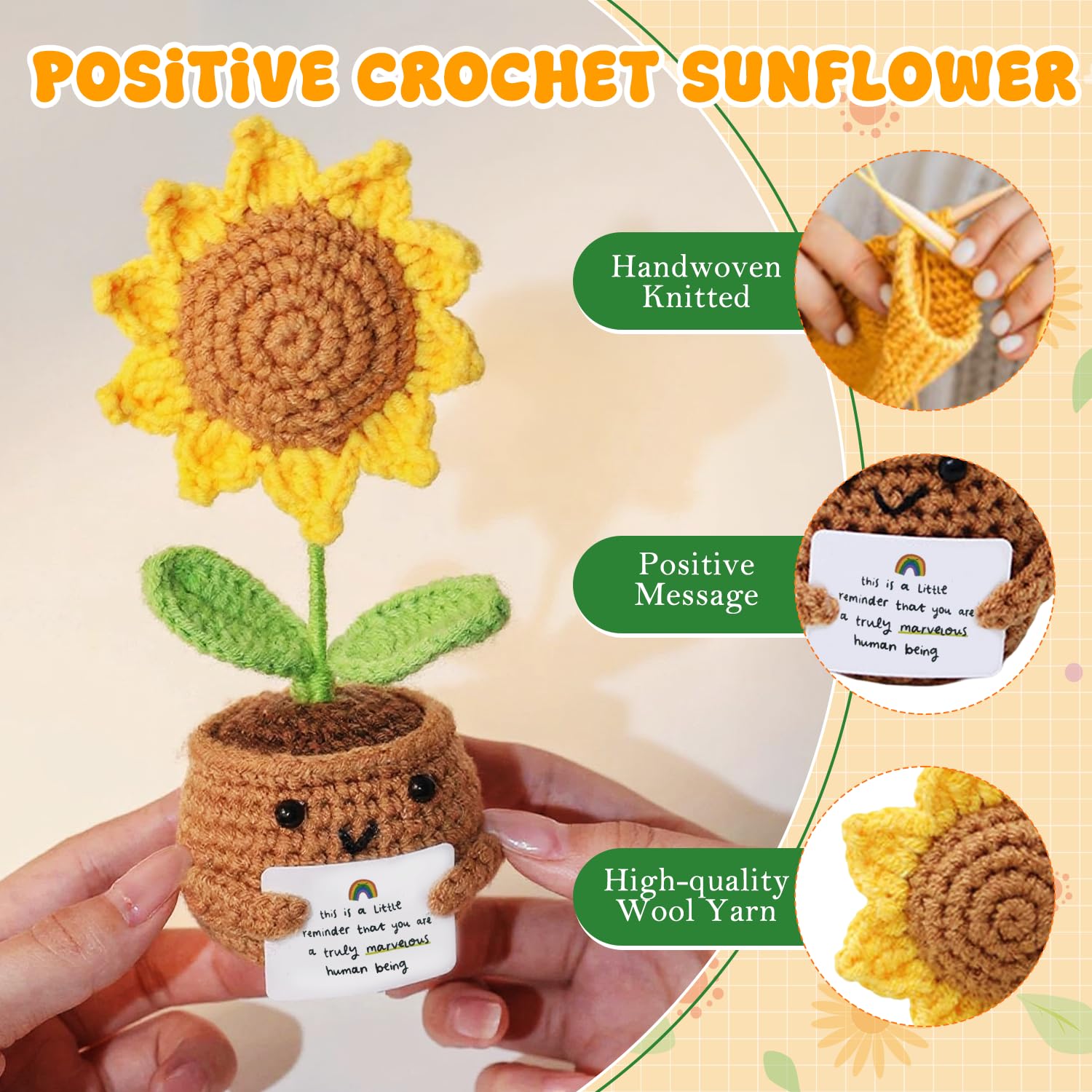 Positive Crochet Sunflower | Handmade Emotional Support Crochet Flower Pot | Crochet Gifts for Home, Office Desk & Car Dashboard Decor