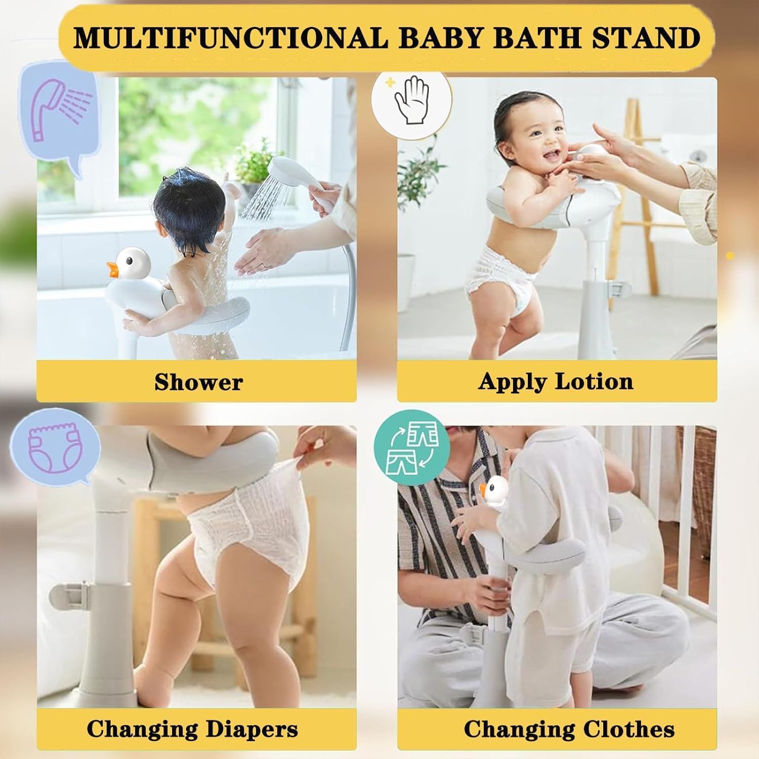 Shower Bath Stand with Adjustable Height, Non-Slip Base, Huggable Duckling, Baby Standing Bath with Cartoon Duck Safe Design Easy to Use Durable