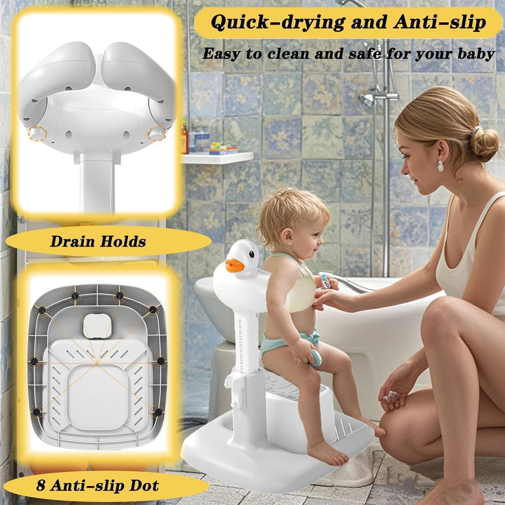 Shower Bath Stand with Adjustable Height, Non-Slip Base, Huggable Duckling, Baby Standing Bath with Cartoon Duck Safe Design Easy to Use Durable