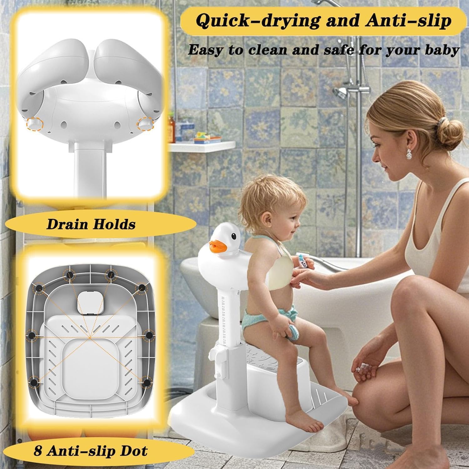 Shower Bath Stand with Adjustable Height, Non-Slip Base, Huggable Duckling, Baby Standing Bath with Cartoon Duck Safe Design Easy to Use Durable