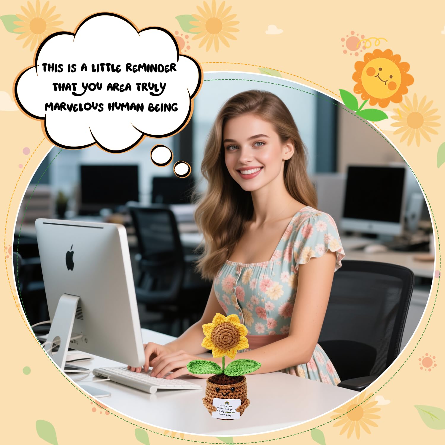 Positive Crochet Sunflower | Handmade Emotional Support Crochet Flower Pot | Crochet Gifts for Home, Office Desk & Car Dashboard Decor