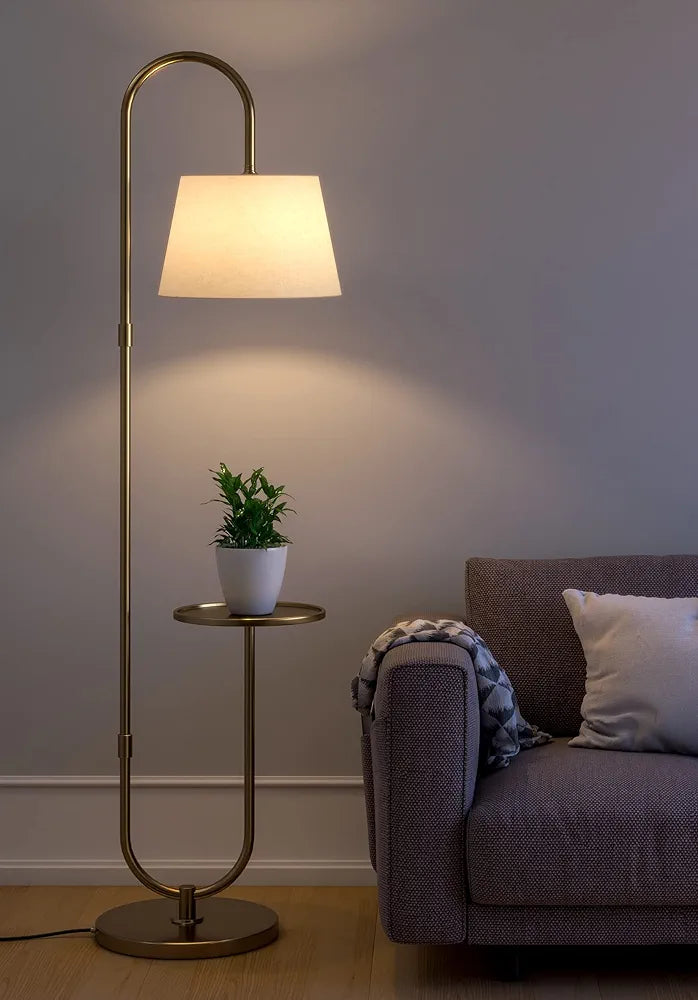 Divine Trends Modern Table Shelf LED Floor Lamp Standing Brass Antique Finish Gold 5ft Height with Shelf Diameter 10 Inches and Off White Lampshade 