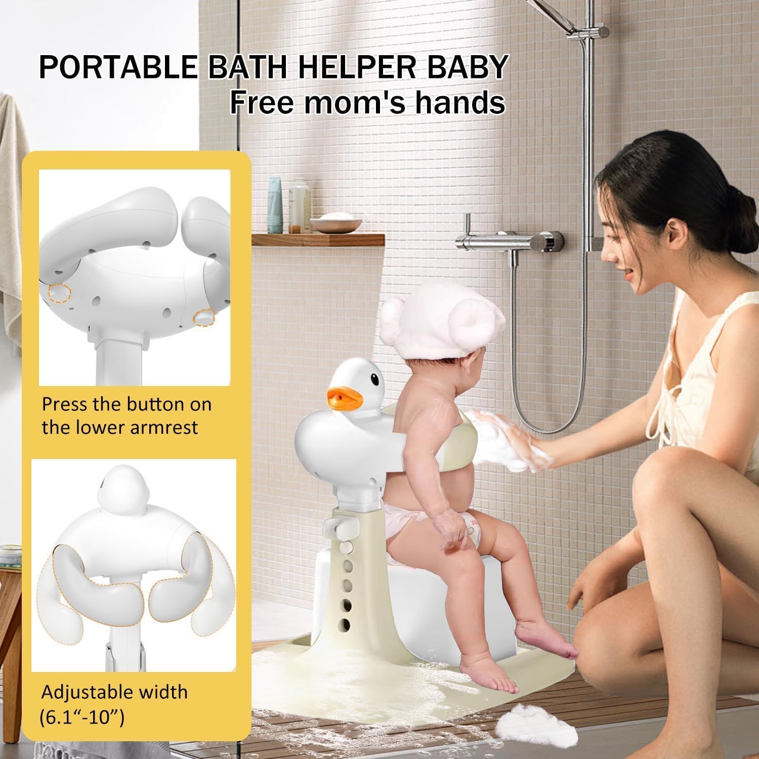 Shower Bath Stand with Adjustable Height, Non-Slip Base, Huggable Duckling, Baby Standing Bath with Cartoon Duck Safe Design Easy to Use Durable
