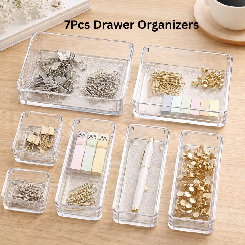 7-Piece Clear Drawer Organizer Tray Set - Multipurpose Storage Set for Kitchen, Home & Office