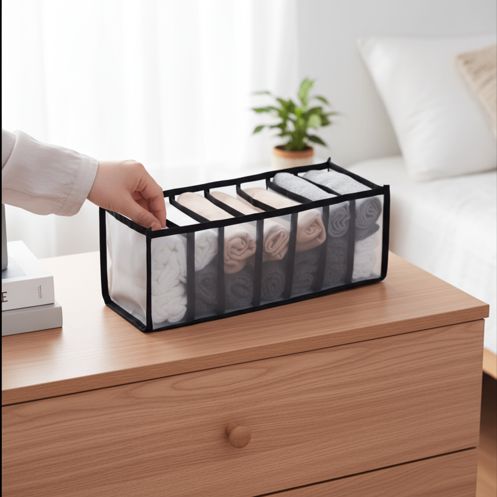 Mini 7-Compartment Underwear & Socks Organizer – Washable Drawer Storage Box for Closet & Wardrobe (Pack of 1)