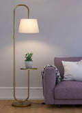 Divine Trends Modern Table Shelf LED Floor Lamp Standing Brass Antique Finish Gold 5ft Height with Shelf Diameter 10 Inches and Off White Lampshade 