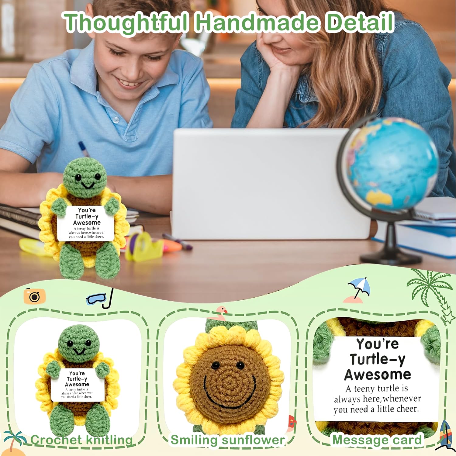 Sunflower Turtle Crochet Toys - Emotional Support Animal with Inspirational Message Card | Handmade Desk Decor for Office & Home, Positive Gift for Women Men Kids