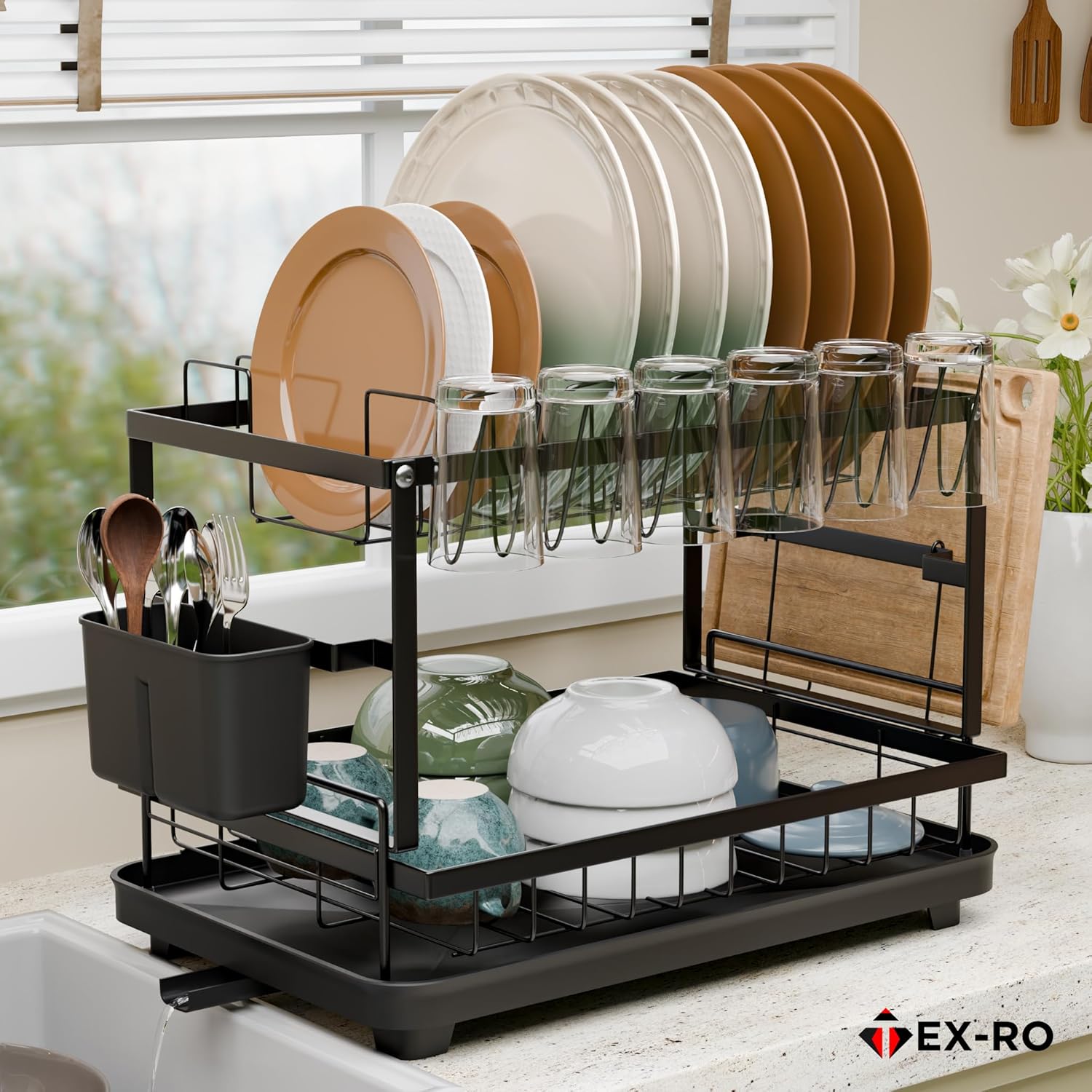 TEX-RO 2 Tier Dish Drying Rack for Kitchen with Drainer Tray | Utensils Drying Rack with Cutlery Holder | Glass Holder & Cutting Board Holder | Anti-Rust Steel Dish Rack Kitchen Organizer