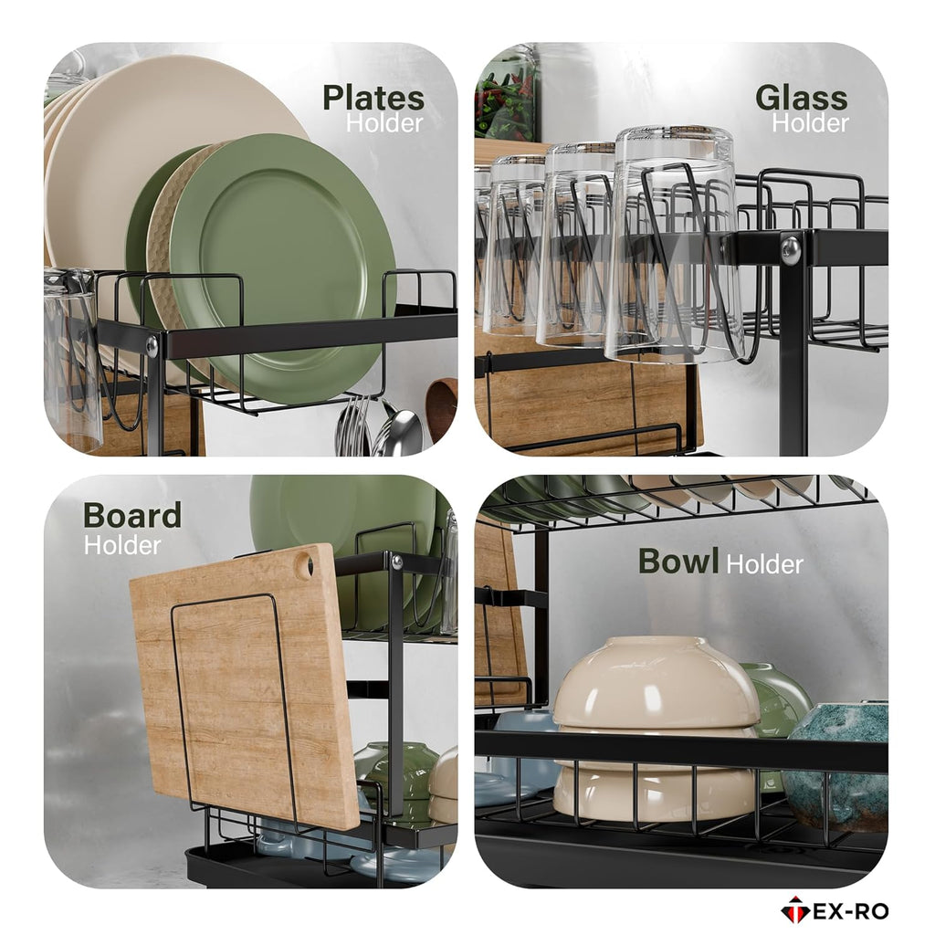 TEX-RO 2 Tier Dish Drying Rack for Kitchen with Drainer Tray | Utensils Drying Rack with Cutlery Holder | Glass Holder & Cutting Board Holder | Anti-Rust Steel Dish Rack Kitchen Organizer