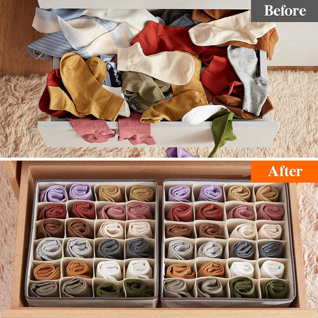 24-Cell Collapsible Socks & Underwear Organizer Box – Foldable Closet & Drawer Divider for Ties, Lingerie & Accessories (Pack of 1)