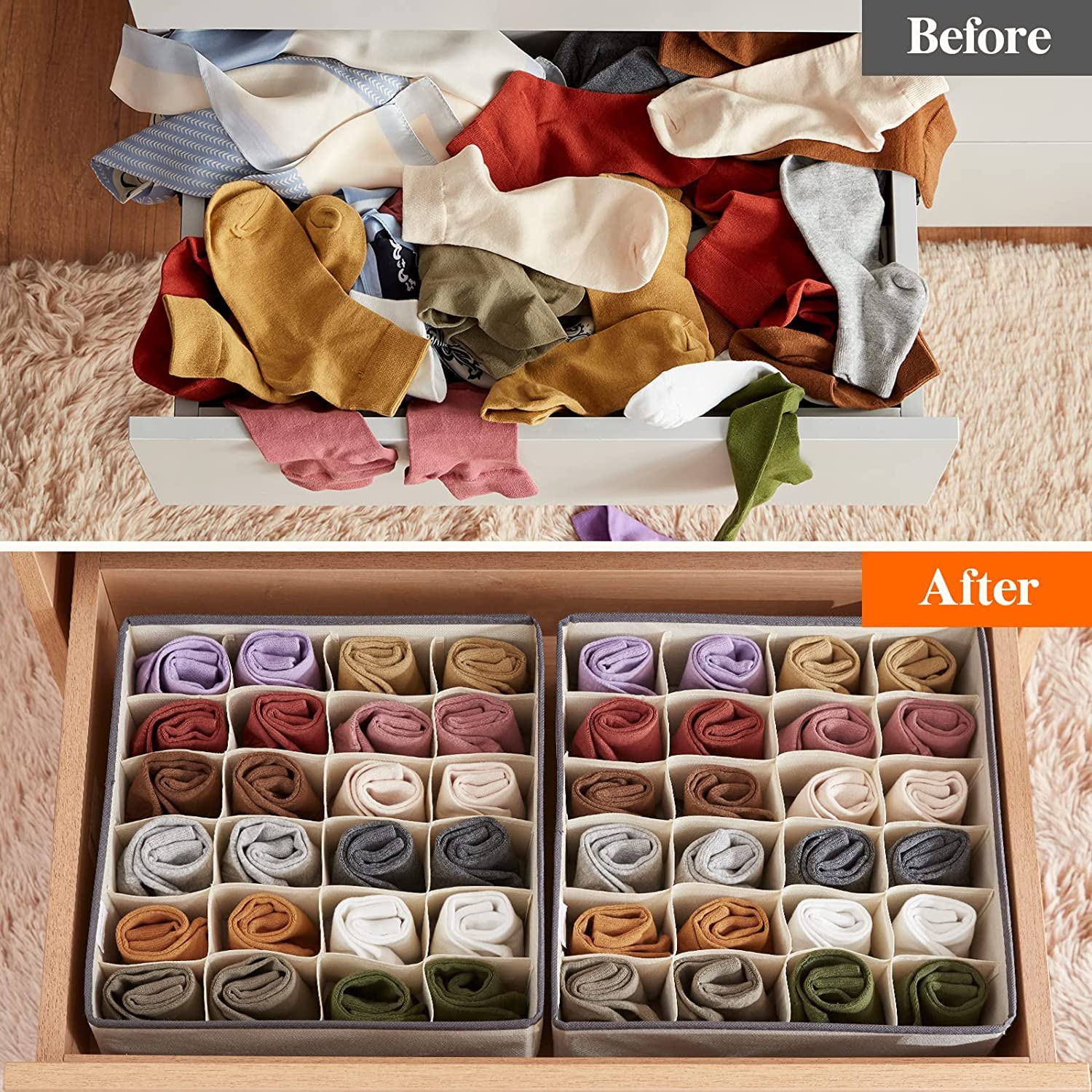 24-Cell Collapsible Socks & Underwear Organizer Box – Foldable Closet & Drawer Divider for Ties, Lingerie & Accessories (Pack of 1)