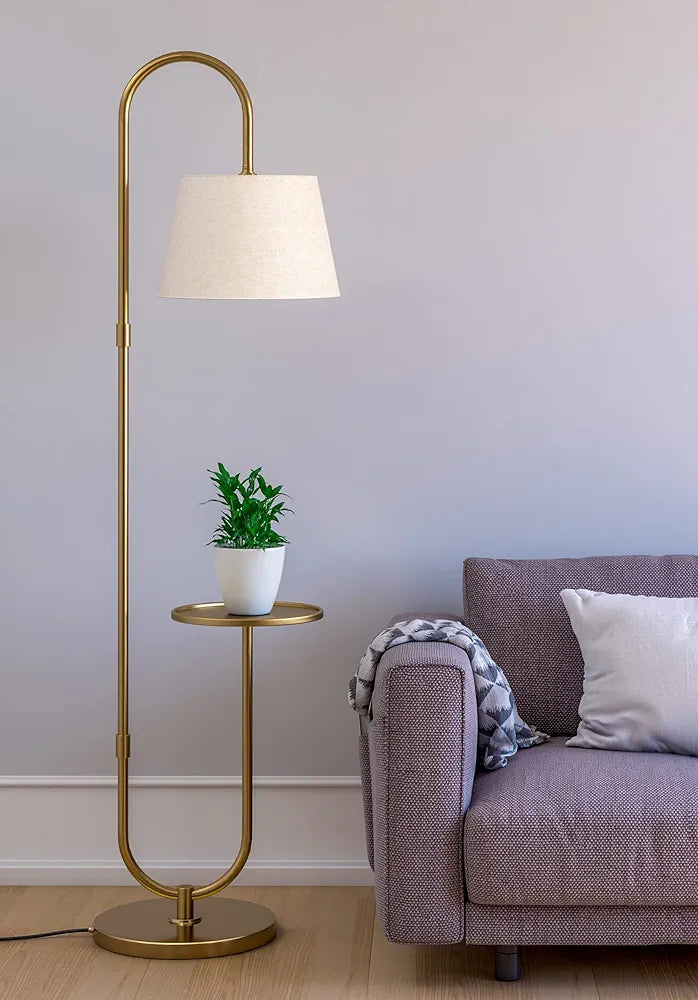 Divine Trends Modern Table Shelf LED Floor Lamp Standing Brass Antique Finish Gold 5ft Height with Shelf Diameter 10 Inches and Off White Lampshade 
