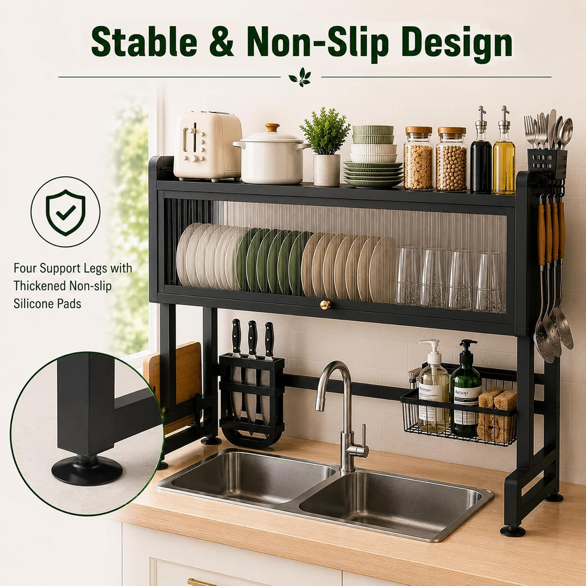 Dish Drying Rack for Kitchen More Sturdy Stable with Door 105cm, Features Knife Rack, Cutting Board Holder