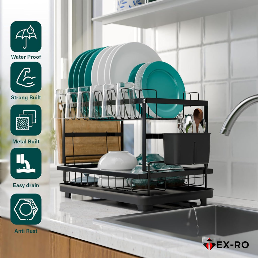 TEX-RO 2 Tier Dish Drying Rack for Kitchen with Drainer Tray | Utensils Drying Rack with Cutlery Holder | Glass Holder & Cutting Board Holder | Anti-Rust Steel Dish Rack Kitchen Organizer