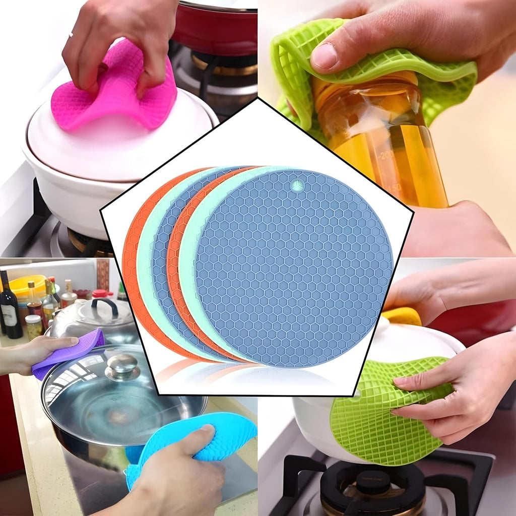 4 Pcs Heat Resistant Silicone Hot Mat – Durable Round Silicone Trivet Mats for Kitchen & Dining Table (Random color)