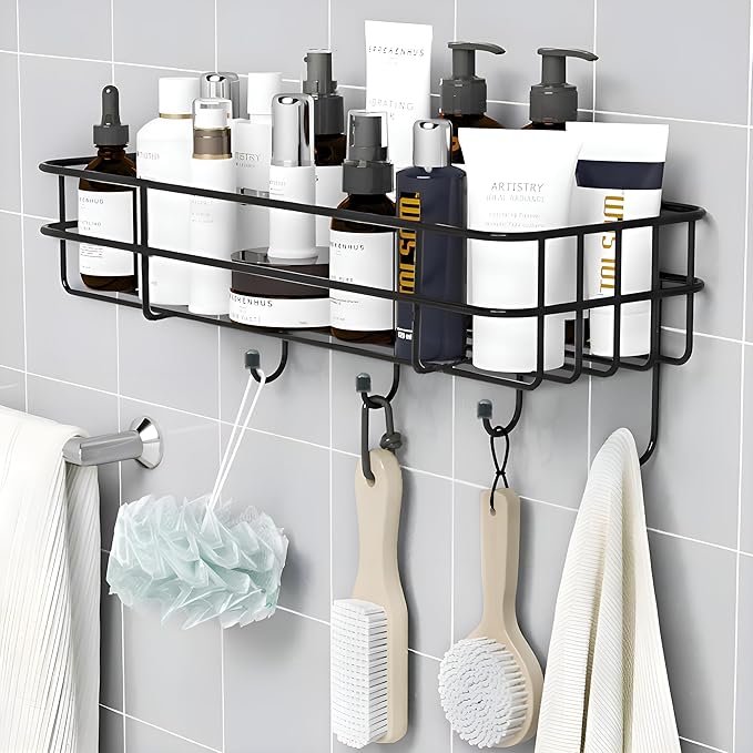 Self Adhesive Bathroom Shelf for Wall/Shelf Organizer/Kitchen Shelf with Magic Stickers - Pack of 1 (Black, Powder Coated)