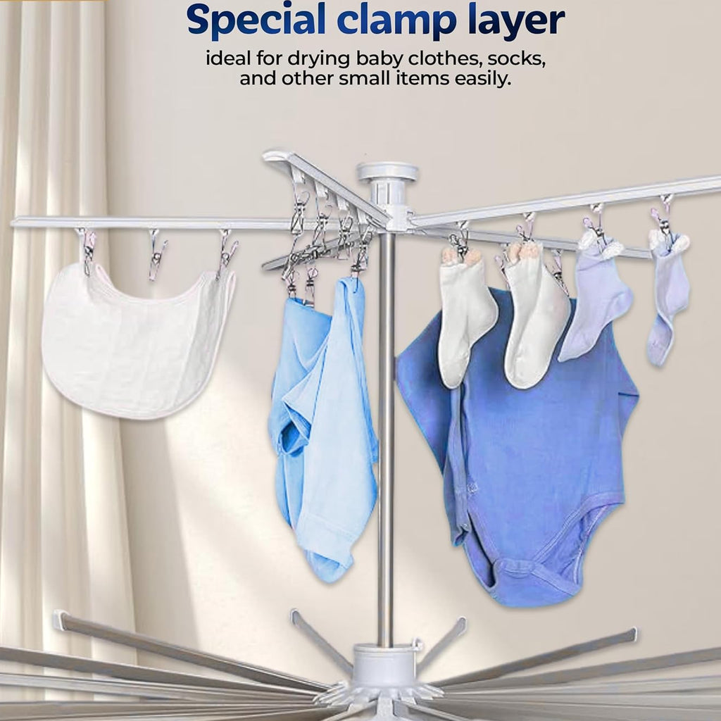 Foldable Rotating Cloth Drying Rack | 360° Multi-Layer Laundry Stand with Lockable Wheels & Strong Load Capacity
