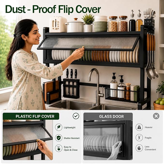 Dish Drying Rack for Kitchen More Sturdy Stable with Door 105cm, Features Knife Rack, Cutting Board Holder