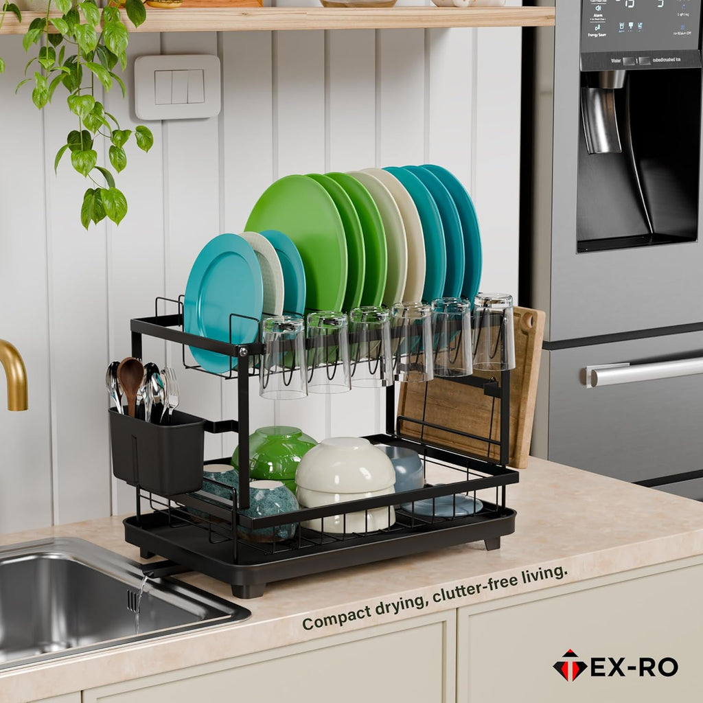 TEX-RO 2 Tier Dish Drying Rack for Kitchen with Drainer Tray | Utensils Drying Rack with Cutlery Holder | Glass Holder & Cutting Board Holder | Anti-Rust Steel Dish Rack Kitchen Organizer