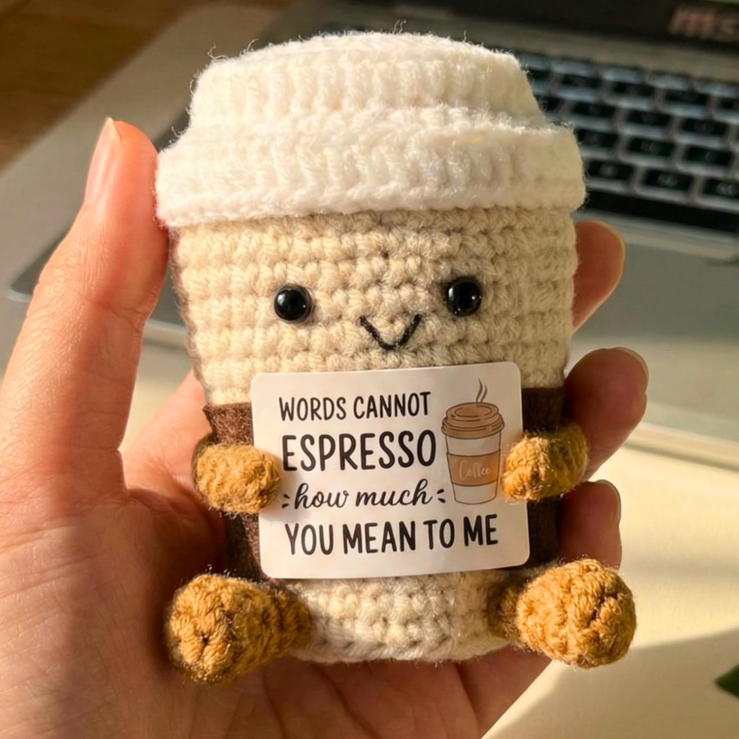 Handmade Crochet Coffee Emotional Support Cute Desk Decor with Positive Message Card Motivational Gifts Toys for Home Baby Office Coworkers