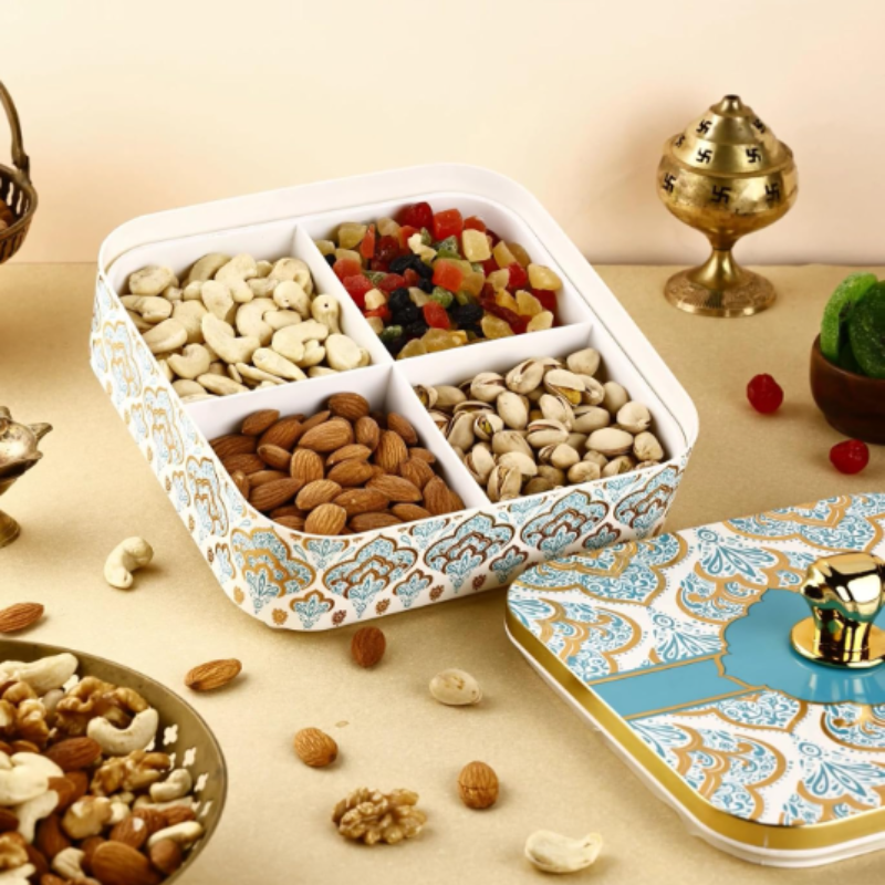 Airtight Dry Fruit Container Tray Set with Lid | 4-Section Serving Box | Multipurpose Plastic Storage & Gifting Set (Random Design-Pack of 1)