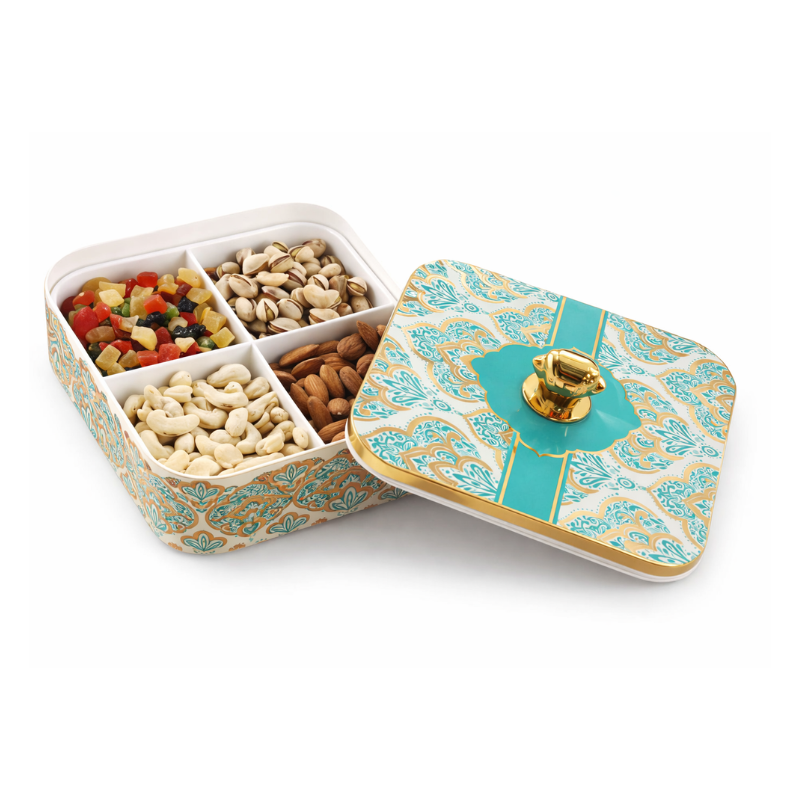 Airtight Dry Fruit Container Tray Set with Lid | 4-Section Serving Box | Multipurpose Plastic Storage & Gifting Set (Random Design-Pack of 1)