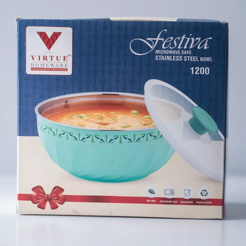 Festiva 1200ml Stainless Steel Bowl with Lid – Microwave-Safe Food Storage & Serving Bowl (Random Color-Pack of 1)