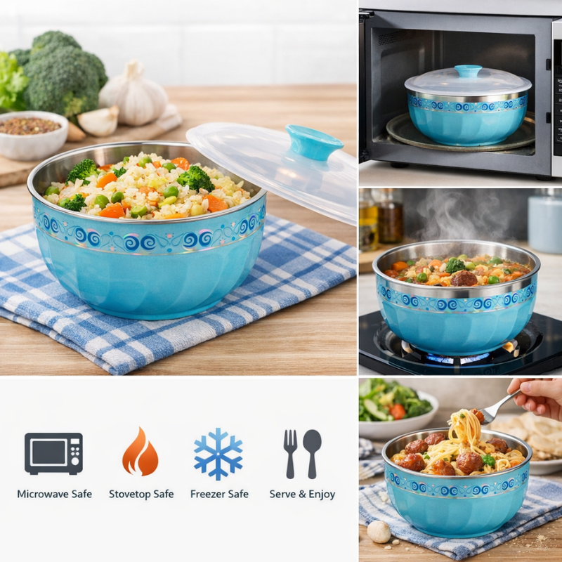 Festiva 1200ml Stainless Steel Bowl with Lid – Microwave-Safe Food Storage & Serving Bowl (Random Color-Pack of 1)