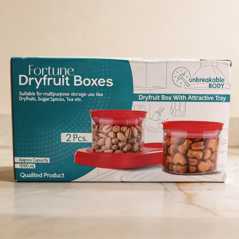 Fortune Dry Fruit Box Set of 2 with Tray – Airtight Storage Containers | Multipurpose Kitchen Organizer (Random Color)
