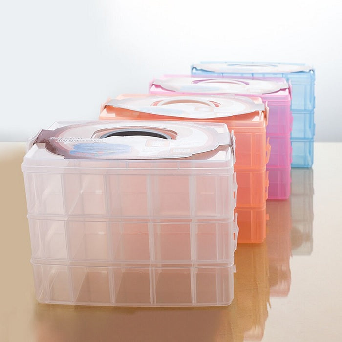 3 Layer – 30 Grid Storage Box | Transparent Plastic Organizer with Adjustable Compartments for Jewelry, Beads, Art & Craft Supplies (Random Color-Pack of 1)