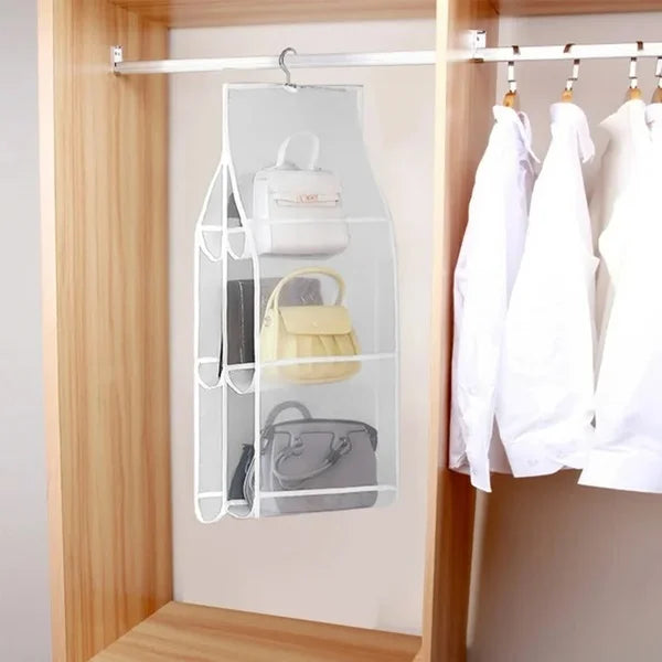Transparent 6-Pocket Foldable Handbag Organizer – Dustproof Hanging Purse Cover for Wardrobe Storage