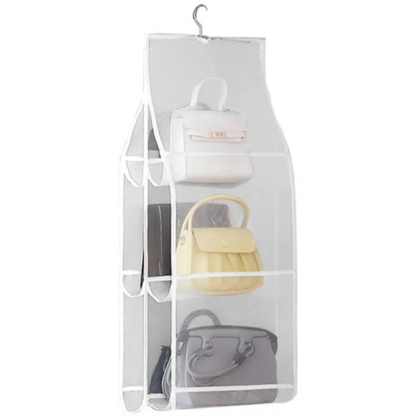 Transparent 6-Pocket Foldable Handbag Organizer – Dustproof Hanging Purse Cover for Wardrobe Storage