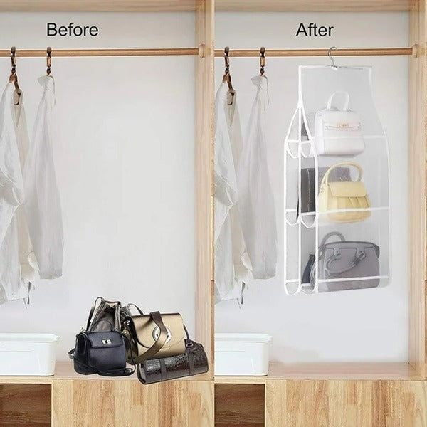 Transparent 6-Pocket Foldable Handbag Organizer – Dustproof Hanging Purse Cover for Wardrobe Storage