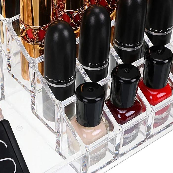 16 Cavity Cosmetic Organiser – Transparent Plastic Makeup Organizer Box with 16 Compartments for Jewellery, Lipstick, Nail Paint & Accessories (Pack of 1)