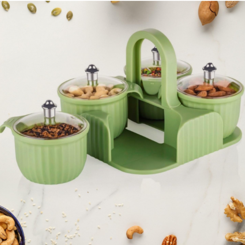 Multipurpose Dry Fruit Box with 4 Jar Set | Mukhwas Tray & Masala Storage Container | Plastic Dining Organizer for Sweets, Spices & Snacks (Random color-Pack of 1)
