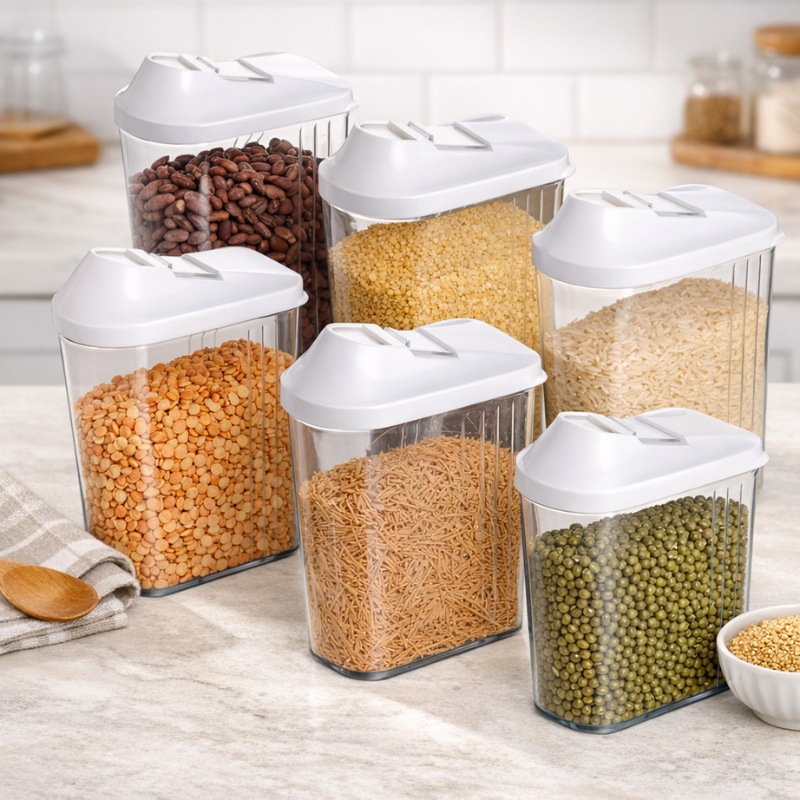 Plastic Kitchen Storage Jars with Easy-Flow Lids -Set of 6 – Airtight Containers for Spices, Grains, Snacks & Dry Food Storage