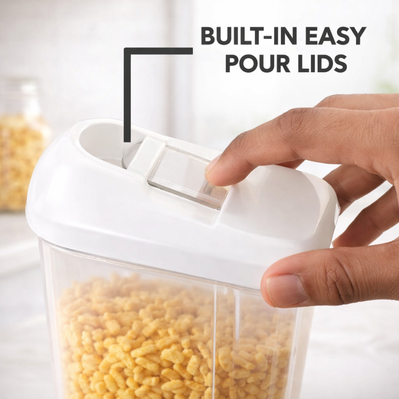 Plastic Kitchen Storage Jars with Easy-Flow Lids -Set of 6 – Airtight Containers for Spices, Grains, Snacks & Dry Food Storage