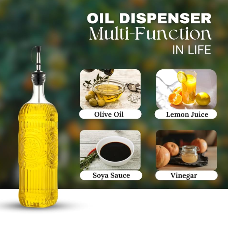 500ml Glass Oil & Vinegar Dispenser | Square Bottle with Pourer | Leakproof Kitchen Oil Bottle for Cooking (Random Design- Pack of 1)