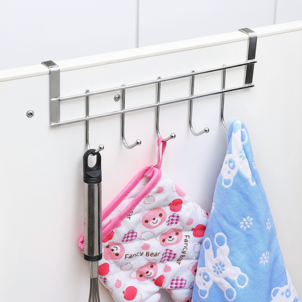 Stainless Steel Hook Hanger with 5 Hooks – Space Saving Organizer for Kitchen, Bathroom & Home Essentials