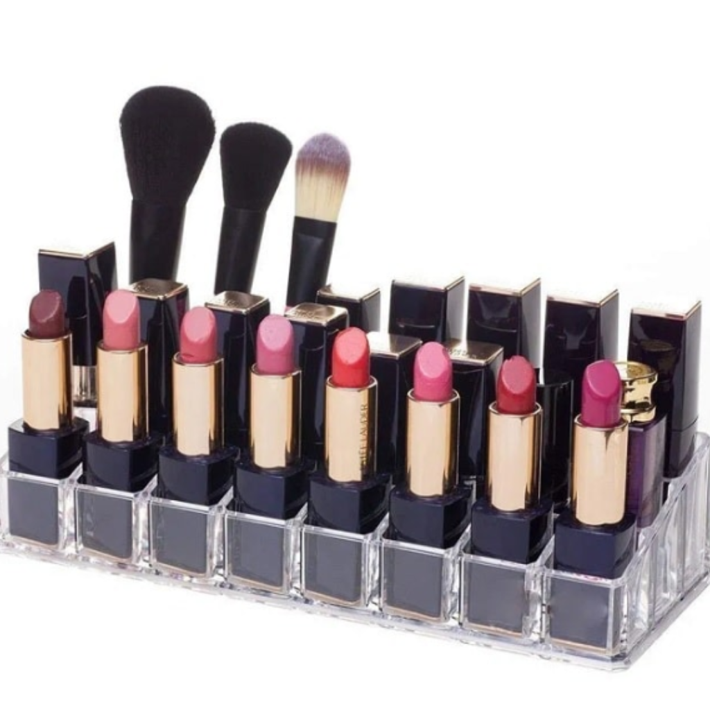 24 Cavity Lipstick Organizer – Transparent Plastic 24 Grid Cosmetic Holder Stand for Lipstick, Lip Gloss & Nail Polish Storage