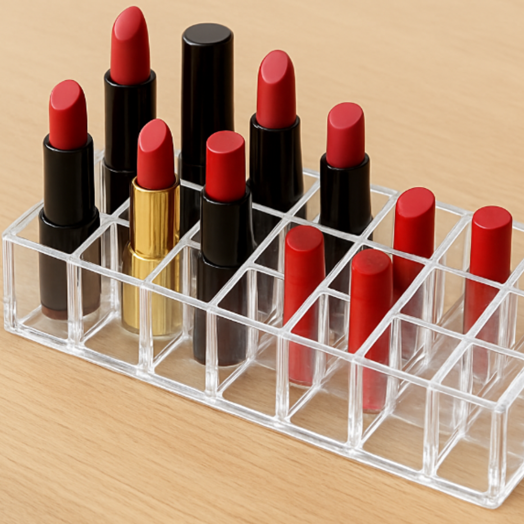 24 Cavity Lipstick Organizer – Transparent Plastic 24 Grid Cosmetic Holder Stand for Lipstick, Lip Gloss & Nail Polish Storage