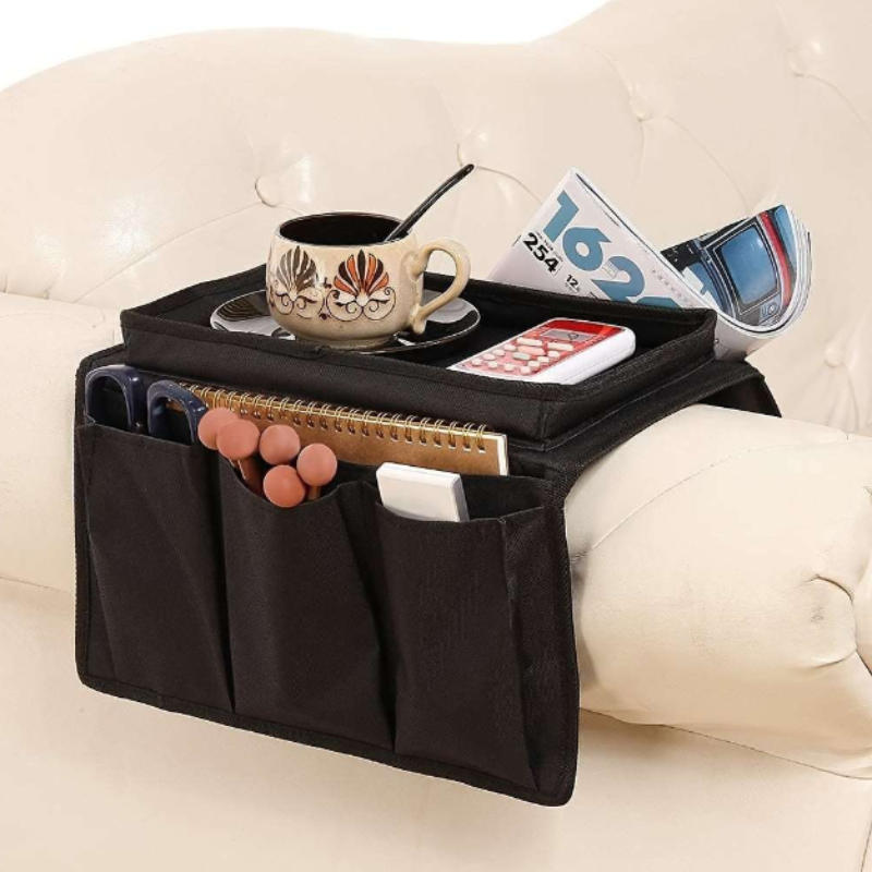 Sofa Armrest Organizer with Tray – Multi-Pocket Storage for Remotes, Magazines, Snacks & Essentials