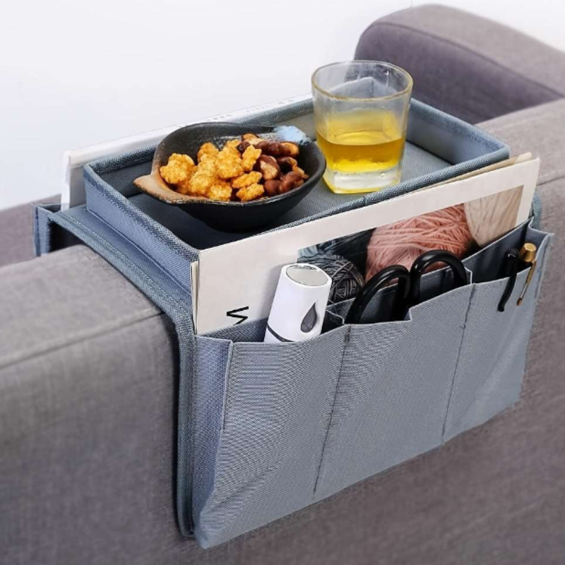 Sofa Armrest Organizer with Tray – Multi-Pocket Storage for Remotes, Magazines, Snacks & Essentials