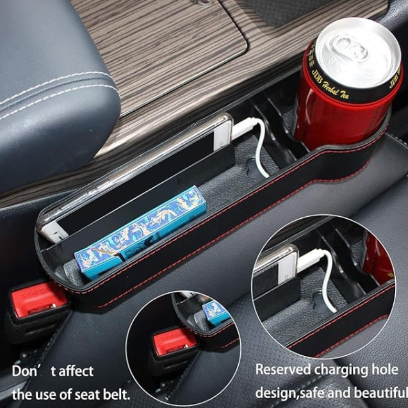 Multifunction Car Seat Organizer – Gap Filler Storage Box with Red Stitching