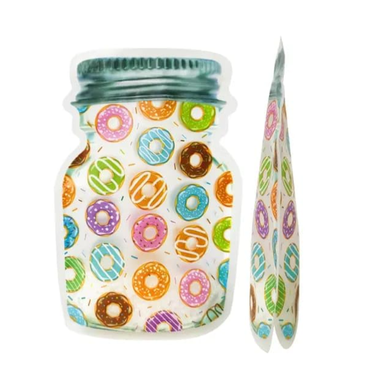 Jar-Shaped Ziplock Food Storage Bags – Airtight BPA-Free Snack & Dry Food Pouches with Donut Print (1 Big +1 Small Jar-Set of 2 PCs)
