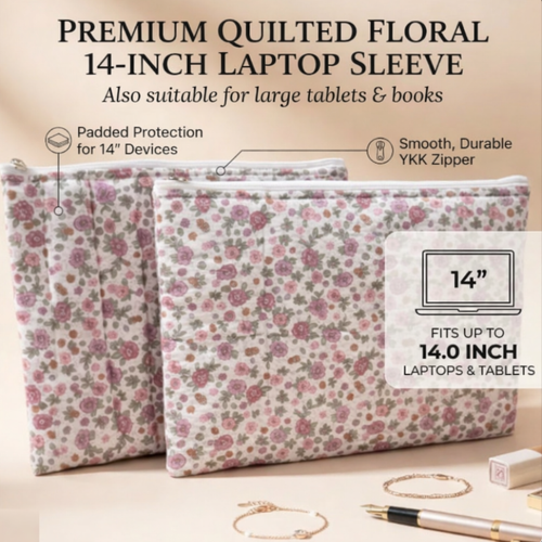 14-Inch Cotton Floral Print Laptop Sleeve – Protective MacBook & Notebook Cover | Soft Fabric Book Sleeve Pouch (Pack of 1)