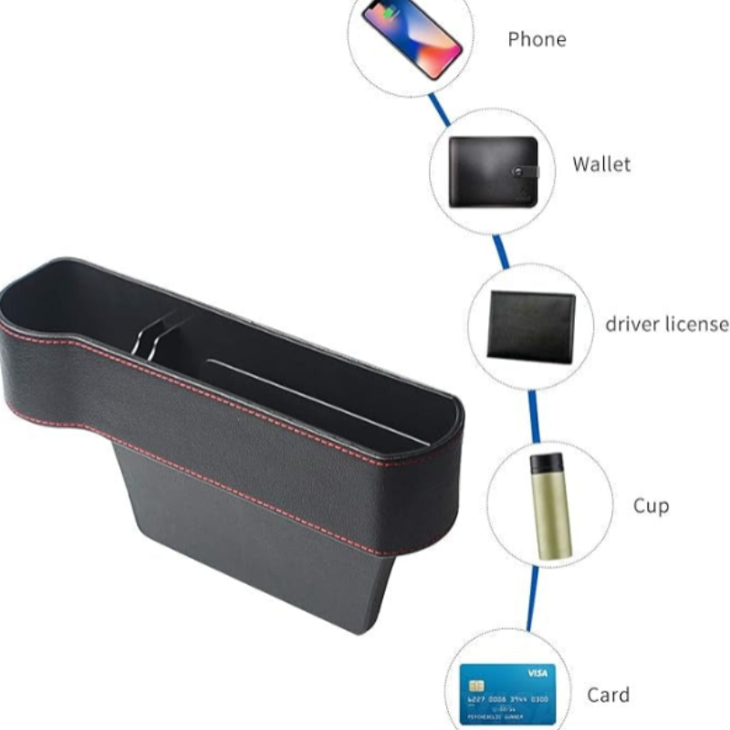 Multifunction Car Seat Organizer – Gap Filler Storage Box with Red Stitching